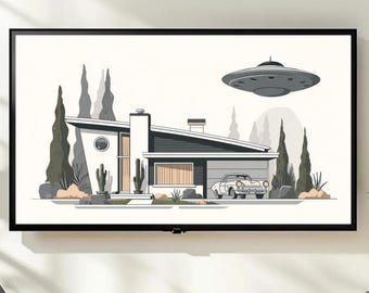 Mid Century Modern Frame TV Art, Retro UFO House & Classic Car Digital Download, Atomic Age Sci-Fi Wall Decor, Vintage 4K Art