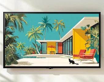 Palm Springs Mid Century Modern House Frame TV Art | Retro Tropical Black Cat Digital Decor | Colorful MCM