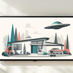 May include: A mid-century modern illustration featuring a house, a classic car, a black cat, and a UFO hovering above. The house has a stone facade and a turquoise door. The car is coral-colored. The artwork is displayed on a black framed screen.