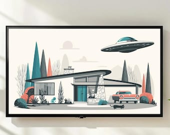 Mid Century Modern UFO Art, Alien and Black Cat Frame TV Art, Retro Sci Fi House Digital Download, MCM Architecture Print