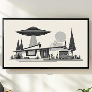 Mid Century Modern Frame TV Art, Retro UFO Abduction House Digital Print, Atomic Age Alien Download for Samsung The Frame TV