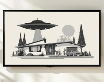 Mid Century Modern Frame TV Art, Retro UFO Abduction House Digital Print, Atomic Age Alien Download for Samsung The Frame TV