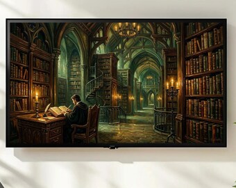 Dark Academia Library Frame TV Art | Gothic Reading Room Digital Download | Vintage Bookshelf Scholar Study Smart TV