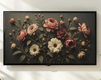 Moody Floral Frame TV Art, Vintage Botanical Rose Bouquet Digital Art for Display, Dark Cottagecore Aesthetic Decor, Instant Download