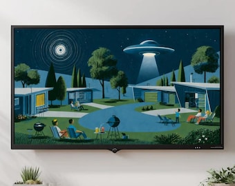 Atomic Heights UFO Wall Art | Mid Century Modern Space Age Decor | Atomic Age Neighborhood | Retro Futurism Art Print | Frame TV Art