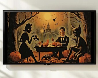 Vintage Halloween Frame TV Art | Spooky Dinner Party Digital Art for Seasonal Decor, Retro Style Artwork