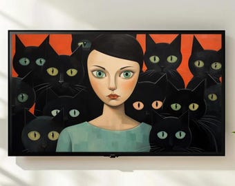 Folk Art Woman Black Cats Frame TV Art, Surreal Cat Lady Digital Download, Whimsical Cat Wall Art, Bold Folk Art Print