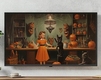 Vintage Halloween Frame TV Art Digital File | Spooky Retro Girl Black Cats Pumpkin Patch | Witchy Kitchen Decor | 4K Samsung Art TV