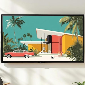 May include: A framed art print depicting a mid-century modern house with a red car parked in front. The house features a flat roof, and is painted in yellow, red, and white. Palm trees and other tropical plants surround the house, set against a teal sky.