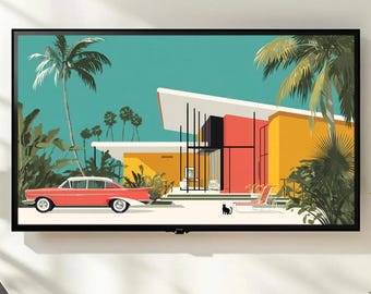Mid Century Modern Frame TV Art, Palm Springs House, Vintage Car, Retro Chic Digital Art for 4K TV