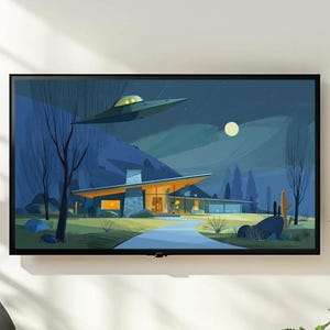 May include: A flat-screen television displays a retro-style illustration of a mid-century modern house under a night sky. A flying saucer hovers above the house, with a full moon in the background. The color palette includes blues, greens, and oranges.