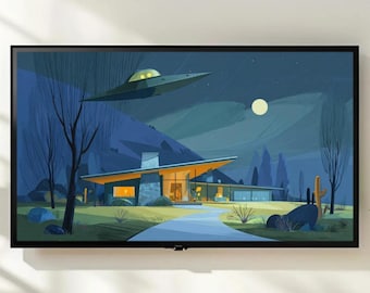 Mid-Century Modern UFO Frame TV Art | Retro Sci-Fi House Digital Download | Space Age Decor Instant Art for Samsung Frame TV
