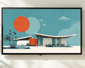 Mid Century Modern House Frame TV Art, Retro Futurist Digital Art, Atomic Age Sci-Fi Desert Landscape, Smart TV Decor