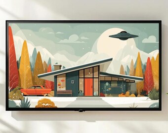 Mid Century Modern House UFO Frame TV Art, Retro Sci-Fi Home Digital Download, MCM Architecture Wall Art, Vintage Atomic Age Decor