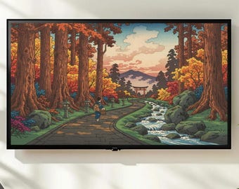 Autumn Japanese Forest Frame TV Art, Ukiyo-e Style Digital Download, Tranquil Nature Asian Aesthetic Artwork