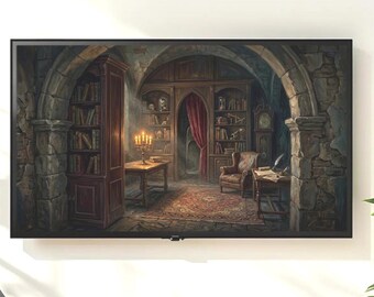 Dark Academia Castle Room Library Frame TV Art | Gothic Study Digital Download | Vintage Bookshelf Cozy Reading Nook Decor Enchanted Library