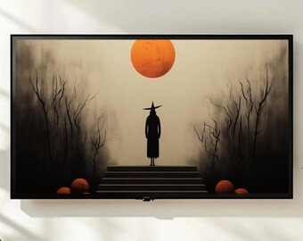 Blood Moon Frame TV Art | Witch Silhouette | Spooky Forest Digital Download | Minimalist Autumn Home Decor | Seasonal Wall