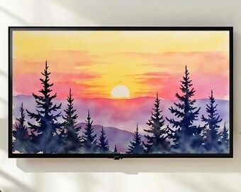 Watercolor Sunset Frame TV Art, Mountain Forest Landscape Digital Print, Vibrant Sky Pine Trees, Rustic Modern Home Decor, Digital,Frame TV