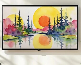 Digital Frame TV Art Vibrant Watercolor Sunset Forest Landscape, Abstract Mountain Lake Reflection, Modern Nature Wall Decor Digital