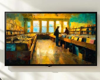 Record Store Frame TV Art, Vinyl Shop Digital Download, Impressionist Painting, Retro Music Lover Gift