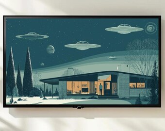 Mid Century Modern UFO Frame TV Art | Retro Sci-Fi Alien House Night Digital Artwork for Samsung TV