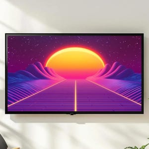 May include: A flat-screen television showing a retro digital art scene. The artwork depicts a road leading to a vibrant sunset with purple and pink mountains, and a starry sky. The TV is mounted on a white wall.