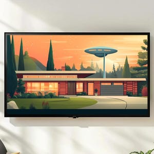 May include: A framed art print depicting a mid-century modern house with a futuristic flying saucer in the sky. The artwork features a color palette of orange, green, and brown, with a minimalist style. The house has a flat roof and large windows.