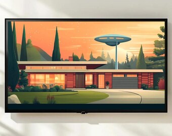 Mid Century Modern Frame TV Art, Retro Flying Saucer UFO House, Atomic Age Digital Print for Digital Display TV Decor, Wallpaper
