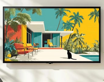 Palm Springs Cocktail  Lounge, 2-Hour Video,  Mid-Century Modern Living Art, Frame TV Digital Download, Plays 1950s Palm Springs Music