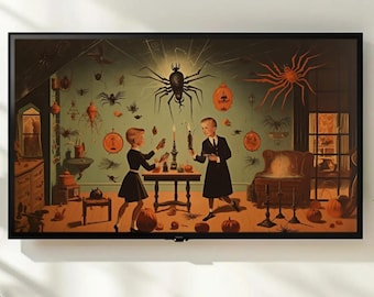 Vintage Halloween Frame TV Art Digital Download, Spooky Spider Gothic Decor, Creepy Attic Scene, Fall Decor Unique TV Art