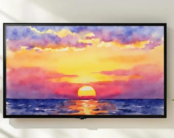 Watercolor Sunset Frame TV Art | Ocean Beach Coastal Aesthetic Digital Download | Vibrant Pink Orange 4K Display Wall Decor