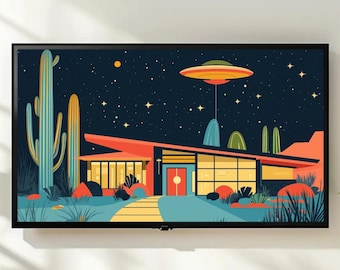 Mid Century Modern Frame TV Art, Retro UFO Desert Night House, Atomic Age Sci-Fi Digital Display Art