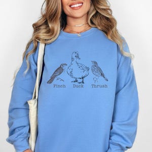 May include: A light blue sweatshirt with a graphic of a duck, a finch, and a thrush. The text "Finch", "Duck", and "Thrush" is printed below the birds.