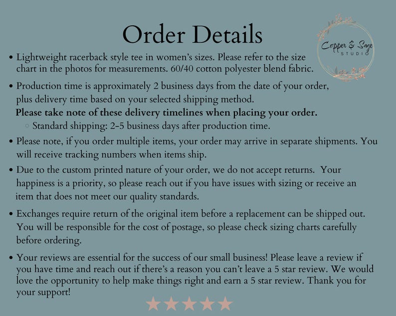 May include: Text on a teal background reads "Order Details" with bullet points about a racerback tee, production time, shipping, returns, and reviews. The Copper & Sage Studio logo is in the upper right corner.