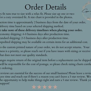 May include: Order details for a custom printed product. The text explains the production time, shipping options, and return policy. It also encourages customers to leave a review.