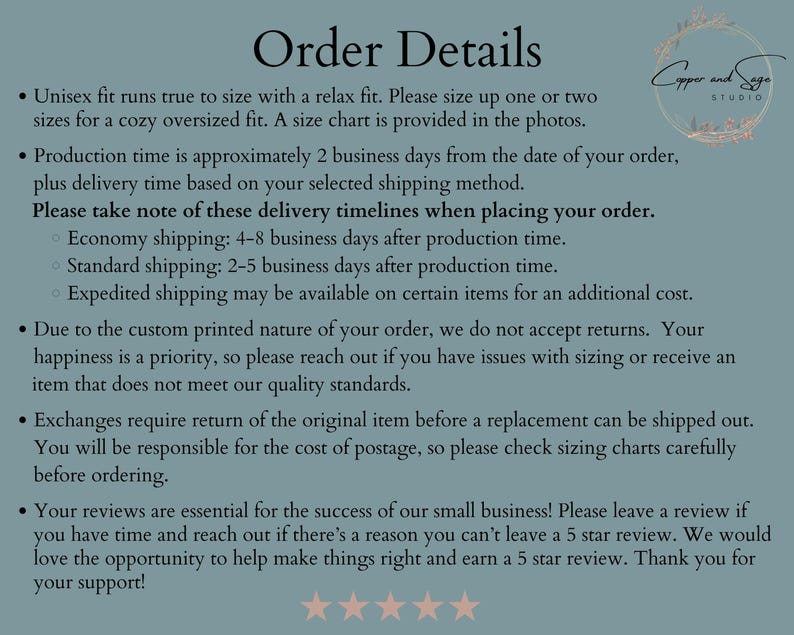 May include: Order details for a custom printed product. The text explains the production time, shipping options, and return policy. It also encourages customers to leave a review.