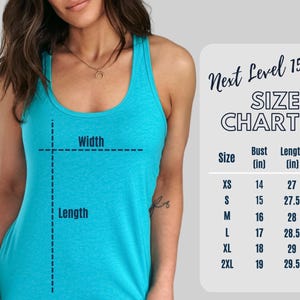 May include: A turquoise racerback tank top. The image includes a size chart from Next Level 1533, showing bust and length measurements in inches for sizes XS to 2XL. The chart indicates the tank top's dimensions. Measurements are provided in inches.