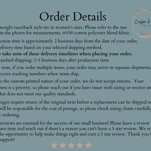 May include: A teal background displays text detailing order information for a racerback tee, including production time, shipping, and returns. The Copper & Sage Studio logo is visible. The text is in English.