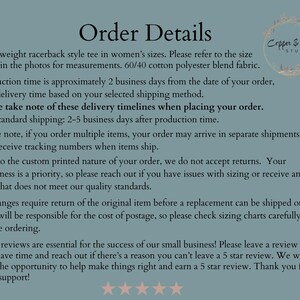 May include: Text on a teal background reads "Order Details" and lists information about a racerback tee, including fabric, production time, and shipping. The Copper & Sage Studio logo is in the upper right corner.
