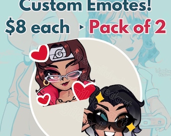 Könnte beinhalten: Benutzerdefinierte Emotes mit zwei Cartoon-Charakteren mit Herzakzenten. Der Text lautet "Custom Emotes!" und "Pack of 2". Der Preis ist mit 8 € pro Stück angegeben. Der Social-Media-Handle des Künstlers ist ebenfalls enthalten.