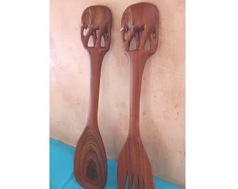 Vintage Pair of Wooden Salad Hands, One-of-a-kind with Elephant Handles, Handmade in Africa, Teak Wood, Ivory Tusks, African Art Collectible