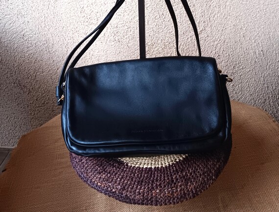 Stone Mountain Black Leather Handbag Long Shoulder Strap Removable Nice Size Flap Over Style Medium Size Etsy