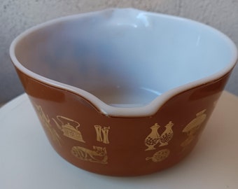 Vintage Pyrex Casserole Dish, Americana Pattern, Brown and Gold Design, One Quart Pyrex Round Baking Dish, Size 6"Wx3"T, Housewarming Gift