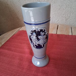 Vintage German Gerzit Beer Stein, Cobalt Blue and Grey Glazed Pottery, Features Relief of Bavarian Dancers, Holds a Pint of Beer