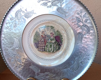 Serving Tray, Aluminum Victorian Style with China Plate Insert, Stamped Brooklyn, N.Y.
