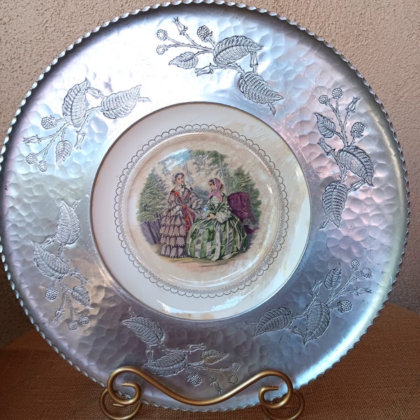 Serving Tray, Aluminum Victorian Style with China Plate Insert, Stamped Brooklyn, N.Y.