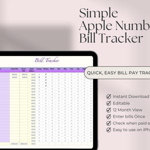 Op de afbeelding: Een digitale factuurtracker-sjabloon voor Apple Numbers. De sjabloon is ontworpen om gebruikers te helpen hun facturen en betalingen bij te houden. De sjabloon bevat een tabel met kolommen voor factuurnaam, vervaldatum, verschuldigd bedrag en betalingsdatum. De sjabloon bevat ook een kalenderweergave om gebruikers te helpen hun facturen en betalingen in de loop van de tijd bij te houden. De sjabloon is bewerkbaar en kan worden aangepast aan de behoeften van de gebruiker.