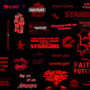 Puede incluir: Un collage de texto y gráficos rojos y negros sobre un fondo negro. El texto incluye frases como "Starboy", "Delicate and Violent", "I've Been Dancing with the Devil", "Faith in the Future", "Why'd You Only Call Me When You're High?" y "I'm a Motherfuckin' Stargirl".