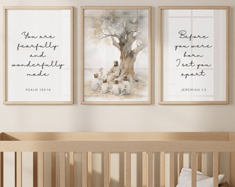 DIGITAL Christian Nursery Print Bible Verse Wall Art Neutral Nursery Decor Jesus Teaching Children Printable Fearfully and Wonderfully Made