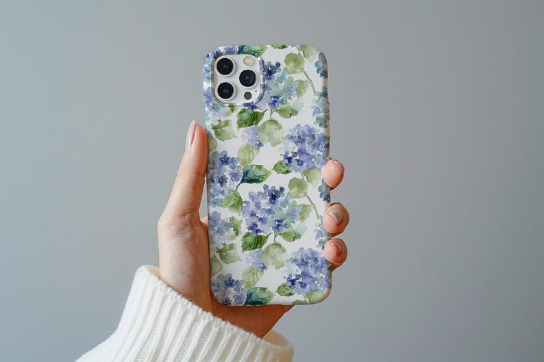 Blue Hydrangea Phone Case for iPhone Grandmillennial Phone Cover Blue Floral Phonecase Trendy Phone Case for iPhone 16 Preppy Phone Case image 1